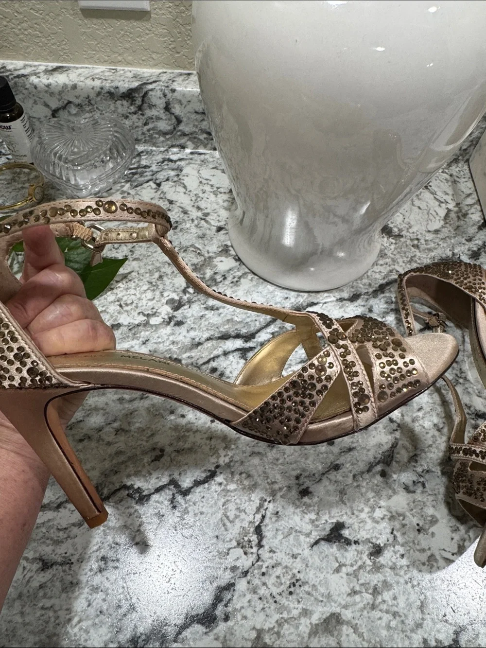 ANTONIO MELANI Champagne Sequin T-Strap High Heels